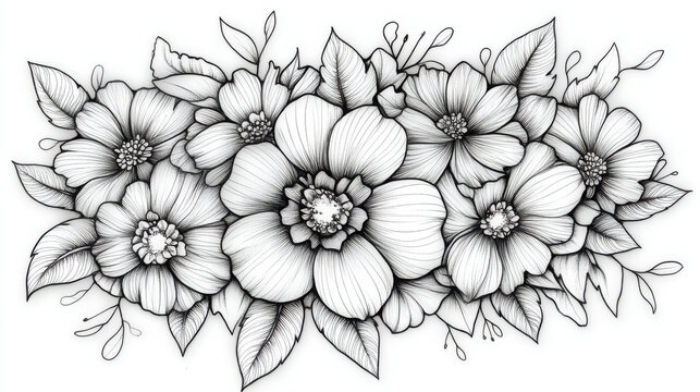 A black-and-white mandala featuring a rose at its center, designed with thick lines for adult coloring and soft greyscale tones suitable for children...
