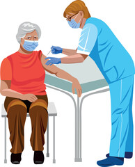 a nurse gives a vaccination to an elderly woman