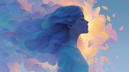 Surreal portrait of woman with flowing hair and colorful abstract petals symbolizing inner peace. Concept of emotional balance, mental health, and the subconscious mind