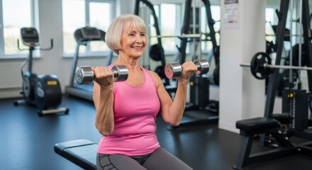 Fototapeta premium Senior woman exercising with dumbbells and smiling in a modern gym environment