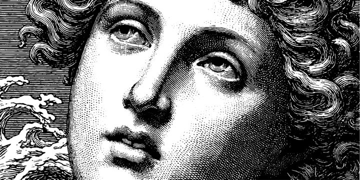 Mythical representation of aphrodite emerging from the sea in detailed engraved art