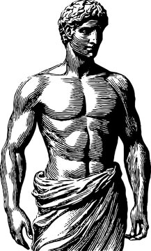 Engraved illustration of archaic greek kouros statue for artistic design