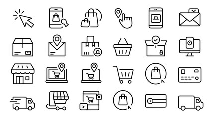A Set of 20 Black and White Line Art Icons for E-commerce and Online Shopping