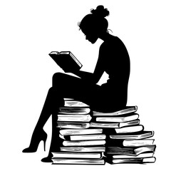 silhouette of a woman reading a book sitting on a stack of books book, girl, read, silhouette, sit, sit on, stack, woman , Generative art.