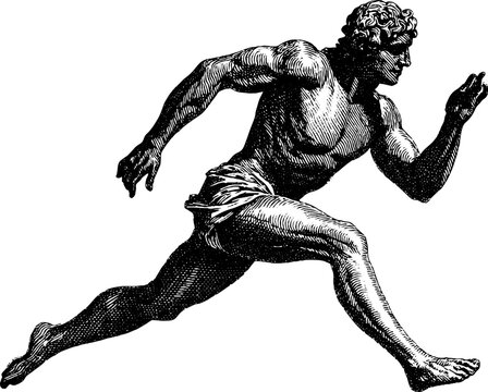 Engraved illustration of classical greek running statue - historical art concept for design