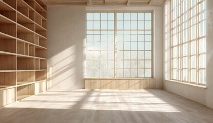 Light-filled room with wooden shelving and large windows