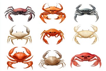 Realistic crabs species in different, Different species of realistic crabs are shown, highlighting their distinct shapes, colors, and textures in a marine environment