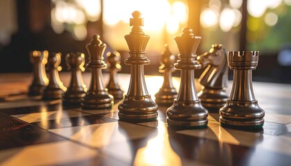 Close-Up of Metallic Chess Pieces on Wooden Board Bathed in Soft Golden Hour Light