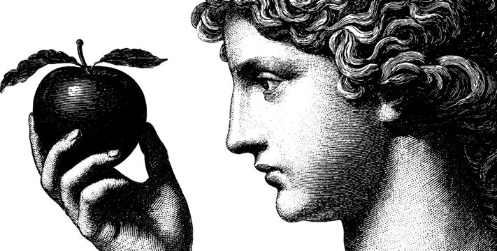 Mythological depiction of eris holding the golden apple of discord in engraved style