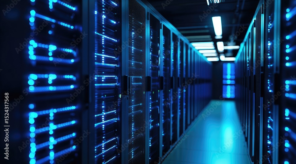 Fototapete Advanced data center with glowing blue server racks in a high-security corridor, showcasing modern digital infrastructure for cloud computing and data management systems