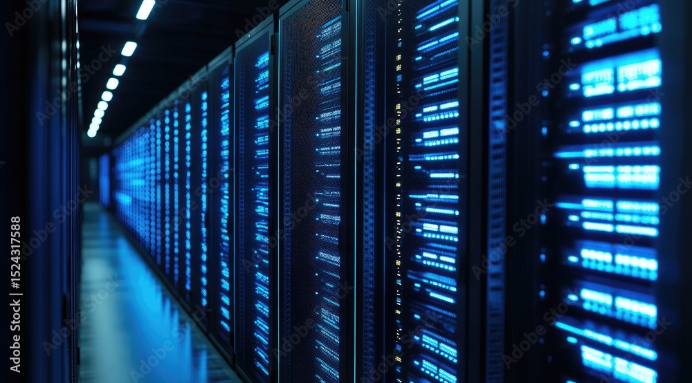 Fototapete Modern data center interior with glowing blue server racks and corridor lights showcasing high-tech infrastructure and secure network environment for cloud storage and computing