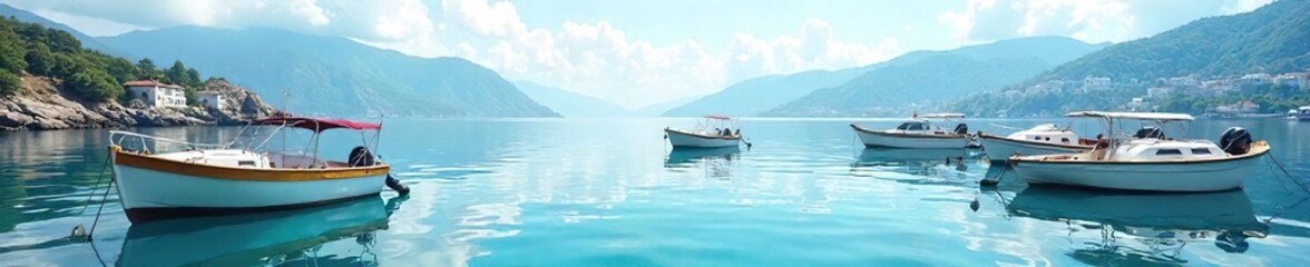 Obraz premium Serene scene of several small boats gently resting at a tranquil harbor, peacefully bobbing on calm water, reflecting the clear sky Perfect for travel, relaxation, or nautical themes , peaceful, sky