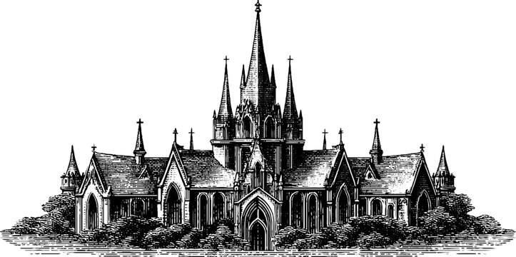Gothic revival architecture engraving: detailed historic church design for art and education