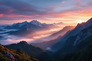 Obraz premium Majestic Sunrise over Misty Mountain Ranges