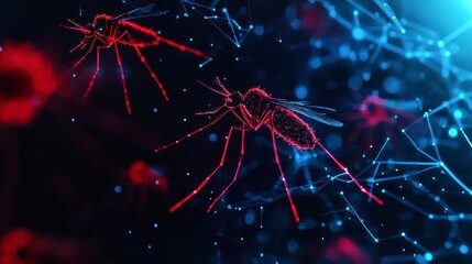 mosquitoes interacting Digital illustration of mosquitoes in a colorful, abstract environment.
