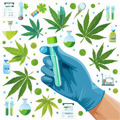 Lab technician's gloved hand holding cannabis extract in a test tube surrounded by medical tools and cannabis leaves, illustrating the process of cannabis extraction and analysis