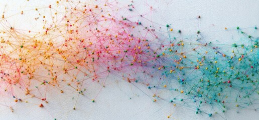 Abstract network of colorful threads connecting small dots