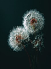 Three dandelion seed heads, close-up, dark background