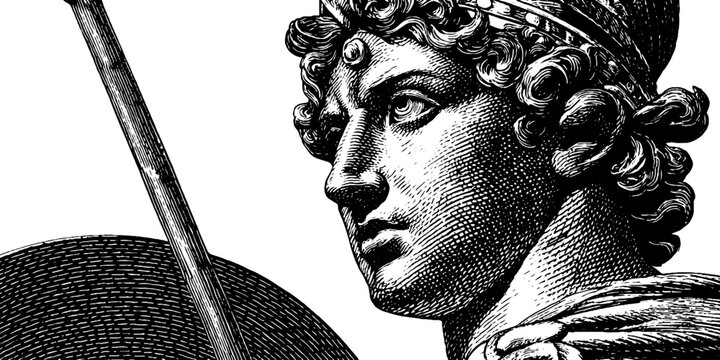 Classical engraving of ares statue holding spear - ancient greek mythology art for historical design