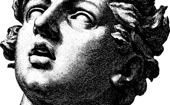 Classical engraved illustration of anemoi statue with wind-blown effect design