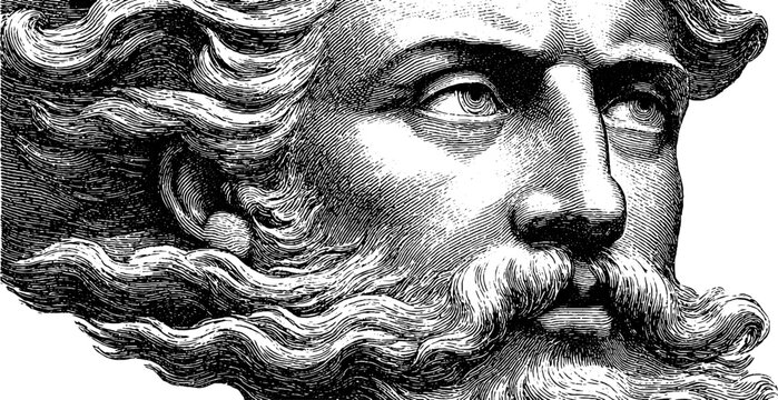 Engraved illustration of anemoi statue blowing wind with intricate detailing