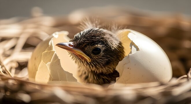 A beautiful moment of a baby bird gently hatching from an egg.Newborn Baby Bird Hatching from Egg in Nest &ndash; Close-Up Nature Photography