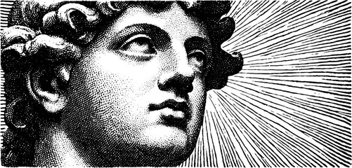Engraved illustration of helios statue with radiant rays for historical art and design projects