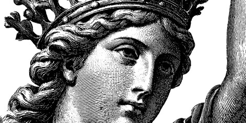 Classical engraving of the goddess hera statue with crown for historical and educational design