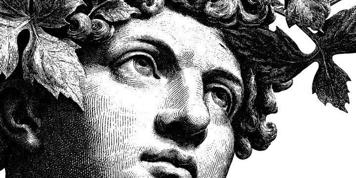 Engraved illustration of dionysus statue with leaf crown for classical art decor