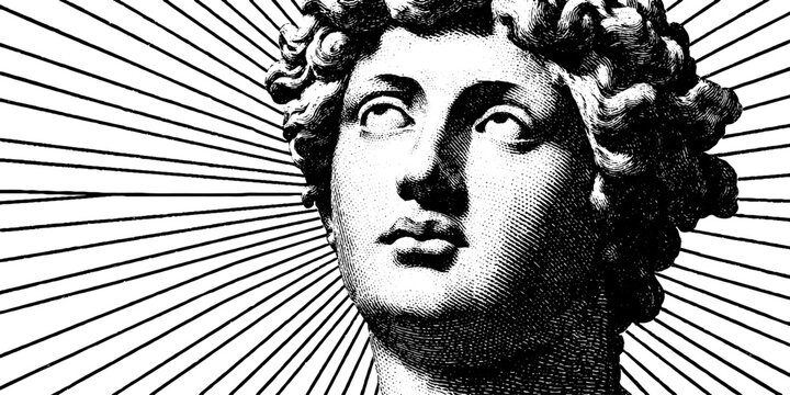 Engraved portrait of statue of helios with radiant rays in classic style