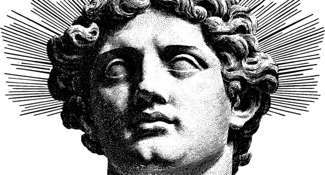 Engraved illustration of helios statue with radiant rays for artistic design and inspiration