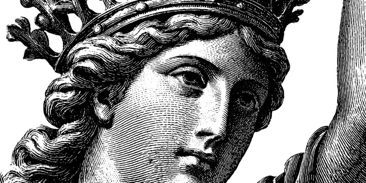 Classical engraving of the goddess hera statue with crown for historical and educational design