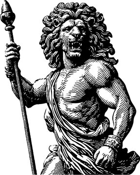 Detailed engraved illustration of heracles statue depicting strength and mythology