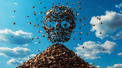 Flies with Garbage A massive skull made of debris is surrounded by flying insects under a bright blue sky.