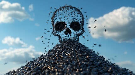 Flies with Garbage A skull formed from a swarm of insects under a blue sky with clouds.