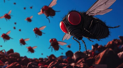 Flies with Garbage Swarm of flies against a blue sky, showcasing their intricate details and vivid colors.