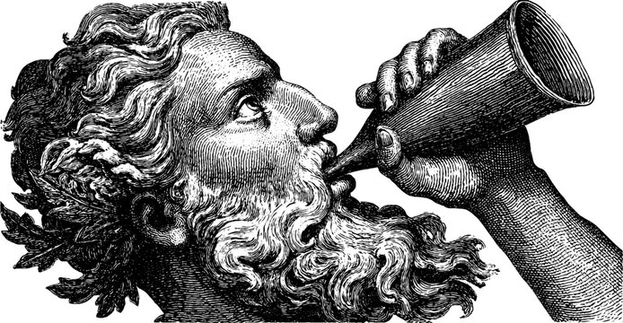 Mythical triton blowing conch shell in detailed engraved artwork for nautical themed design