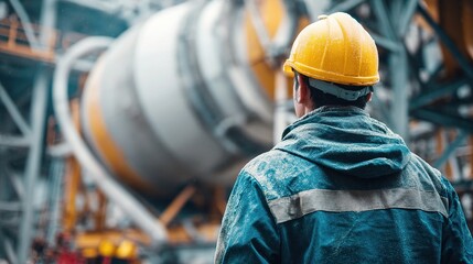 Factory Worker in Hard Hat Overseeing Concrete Cement Mixing Process