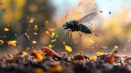 Flies with Garbage A fly hovers above scattered leaves and soil in a vibrant, autumnal setting.