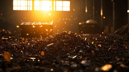 Flies with Garbage A glowing pile of metal scraps illuminated by sunlight in an industrial setting.