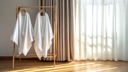 Two white bathrobes hanging on a light wooden rack in a sunlit room