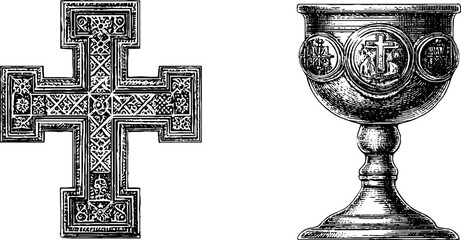 Intricate byzantine cross and chalice engraving for religious designs