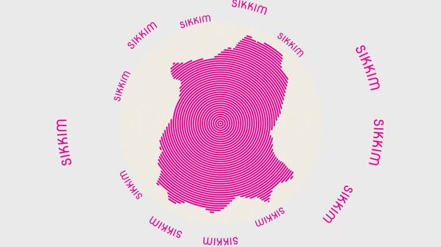 Sikkim shape with dynamic circles visual effect. Animation of Sikkim logo appearing from rotating rings and State name around the shape. Intro, opening, closing, logo video.