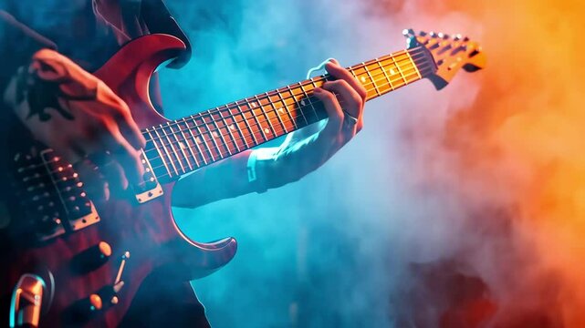 Dynamic close-up of a guitarist passionately playing an electric guitar on stage, surrounded by vibrant lights and smoky atmosphere, capturing the raw energy of a live rock performance.