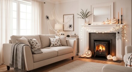 Cozy Halloween Living Room Decor - Festive Halloween living room with a beige sofa, fireplace, and spooky decorations. Symbolizing warmth, autumn, celebration, comfort, and spooky fun