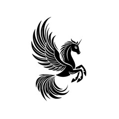 black silhouette of a horse with wings and a mane black, horse, logo, mane, silhouette, unicorn, wing , Generative art.