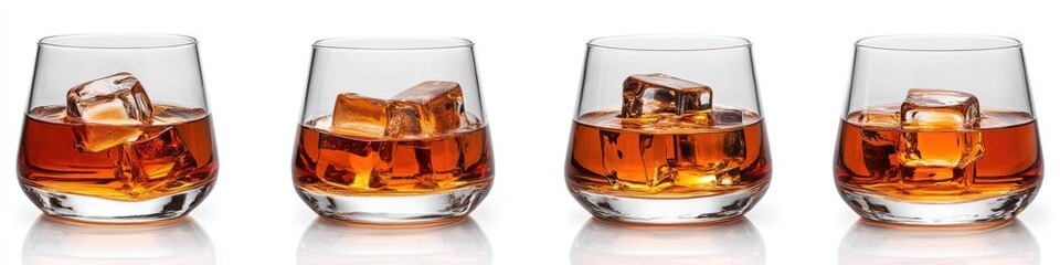 Four glasses of amber liquid with ice cubes