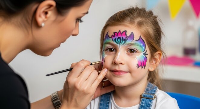 Face Painting Fun for Kids - A young girl receives a colorful face painting design from an artist. Happy child, creative art, party fun