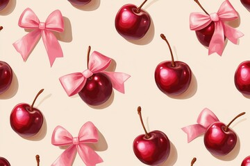 Seamless pattern of red cherries with pink ribbon bows, Repeating design of vibrant red cherries tied with delicate pink ribbon bows, creating a cheerful pattern