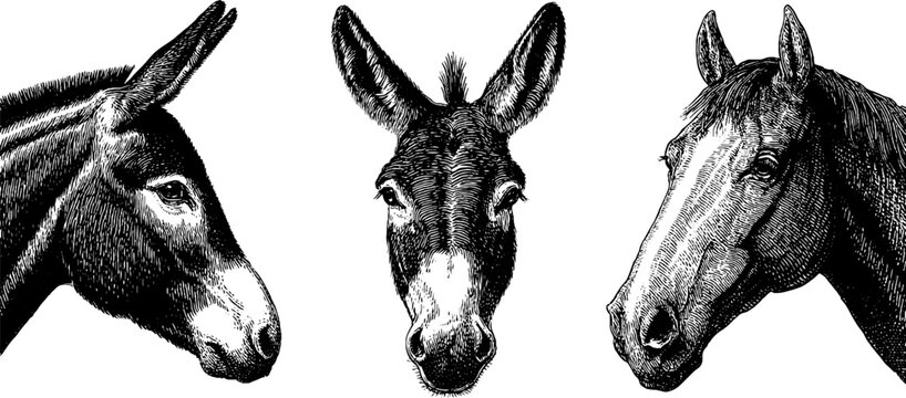 Engraved illustration set of donkey and mule heads for animal art and design
